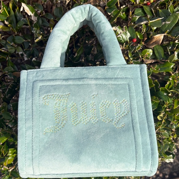 Juicy Couture Mini Spender tote bag top handle blue velour Y2K rhinestones bling - Picture 4 of 16